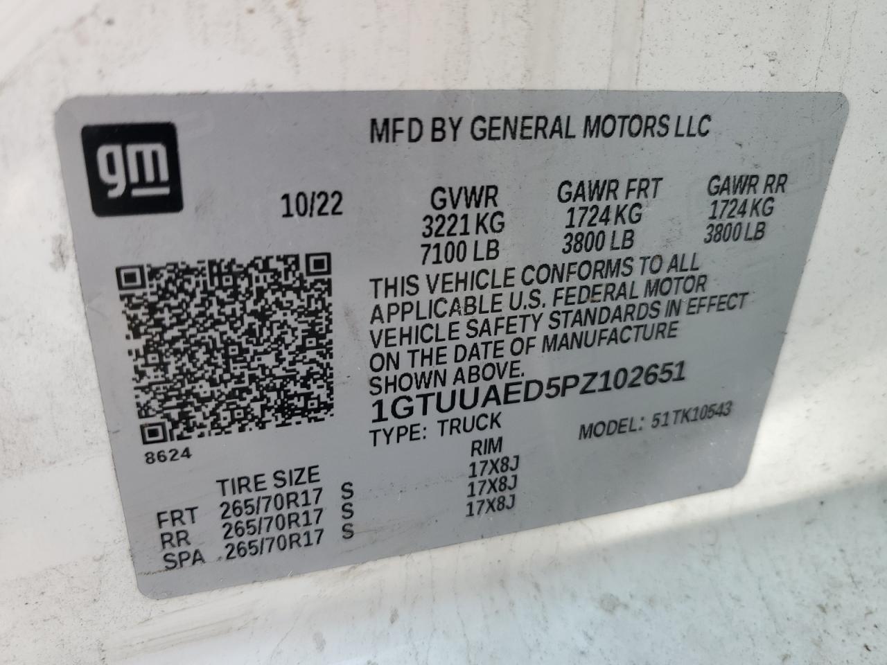 2023 GMC SIERRA K1500 VIN:1GTUUAED5PZ102651