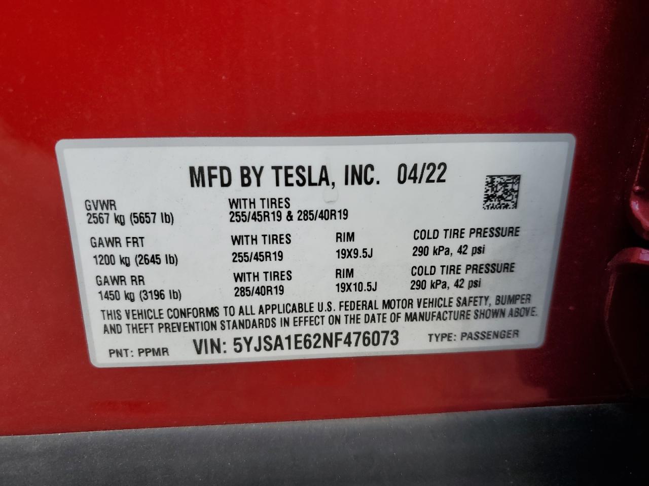 2022 TESLA MODEL S VIN:5YJSA1E62NF476073