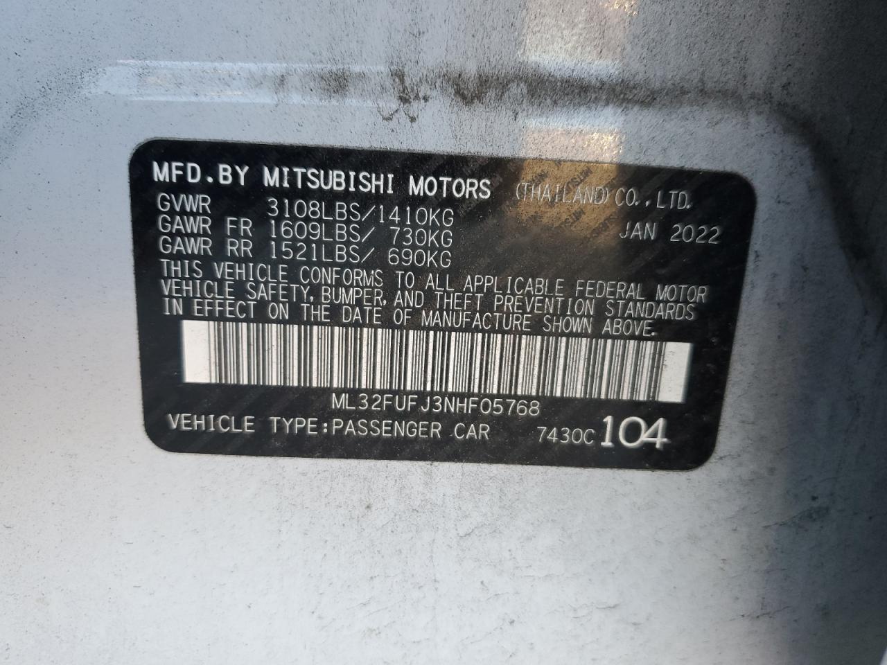 2022 MITSUBISHI MIRAGE G4 ES VIN:ML32FUFJ3NHF05768