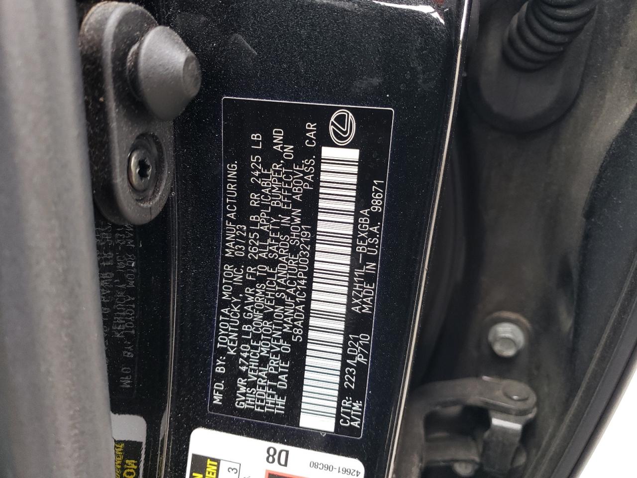 2023 LEXUS ES 300H BASE VIN:58ADA1C14PU032191