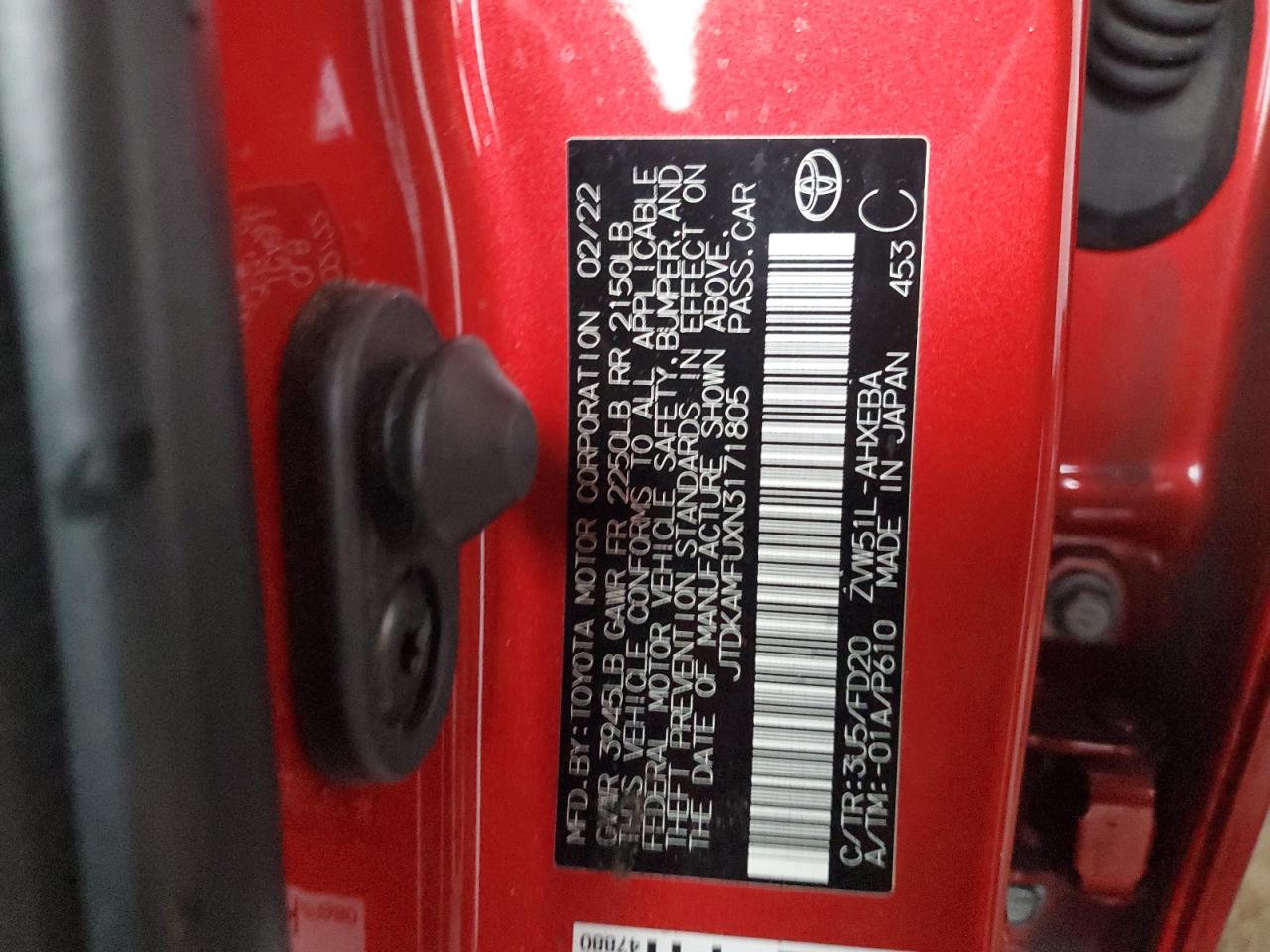 2022 TOYOTA PRIUS NIGHT SHADE VIN:JTDKAMFUXN3171805