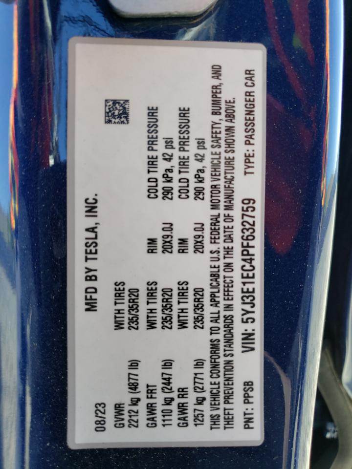 2023 TESLA MODEL 3 VIN:5YJ3E1EC4PF632759