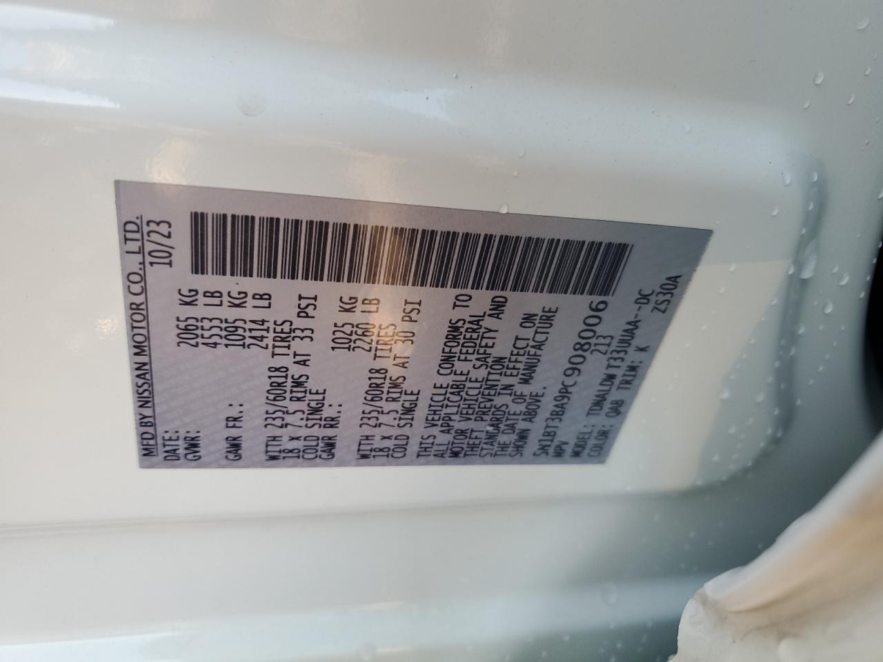 2023 NISSAN ROGUE SV VIN:5N1BT3BA9PC908006