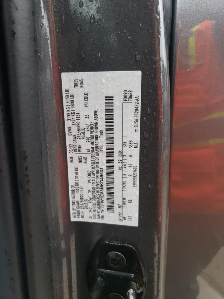 2022 FORD F150 SUPERCREW VIN:1FTFW1E88NKD49531