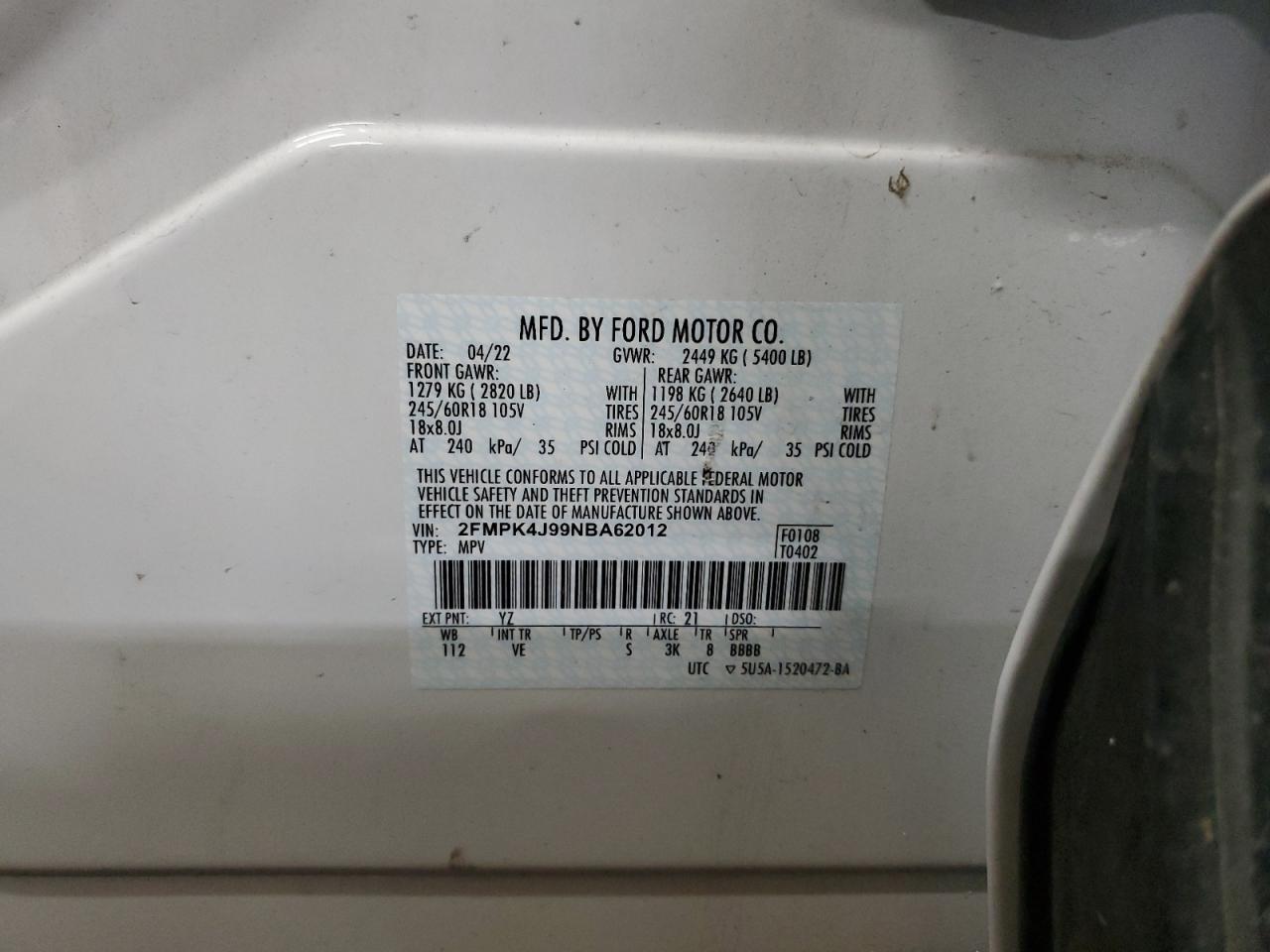 2022 FORD EDGE SEL VIN:2FMPK4J99NBA62012