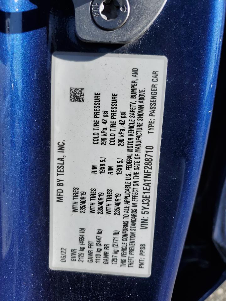 2022 TESLA MODEL 3 VIN:5YJ3E1EA1NF288710
