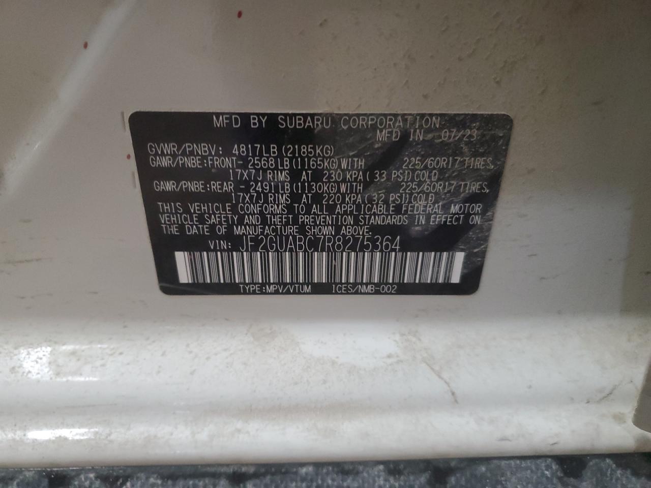 2024 SUBARU CROSSTREK VIN:JF2GUABC7R8275364