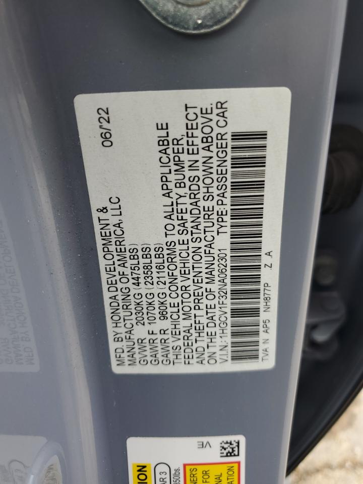 2022 HONDA ACCORD SPORT VIN:1HGCV1F32NA062301