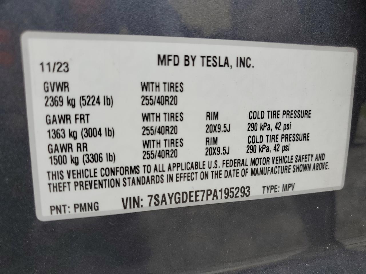 2023 TESLA MODEL Y VIN:7SAYGDEE7PA195293
