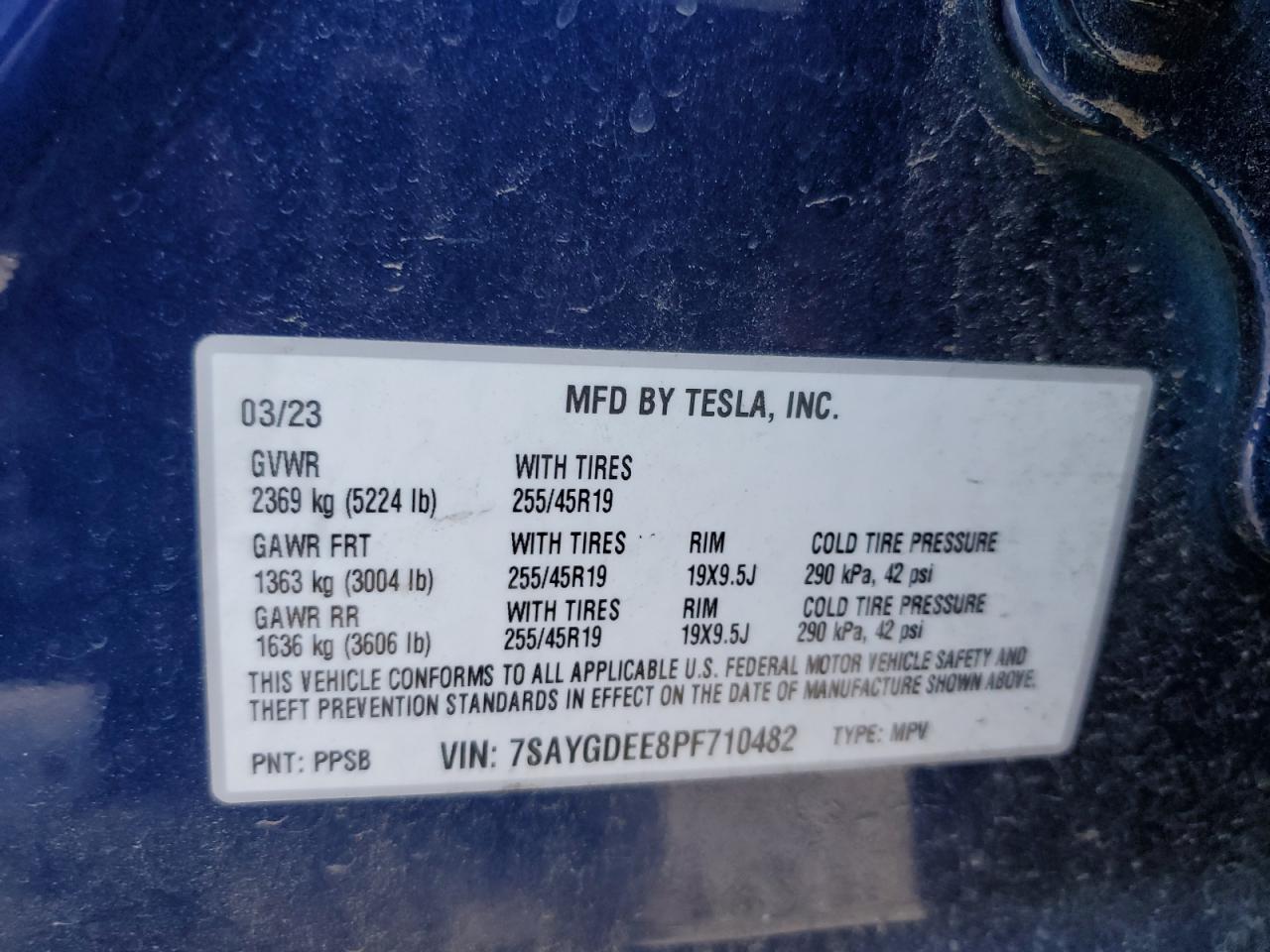 2023 TESLA MODEL Y VIN:7SAYGDEE8PF710482