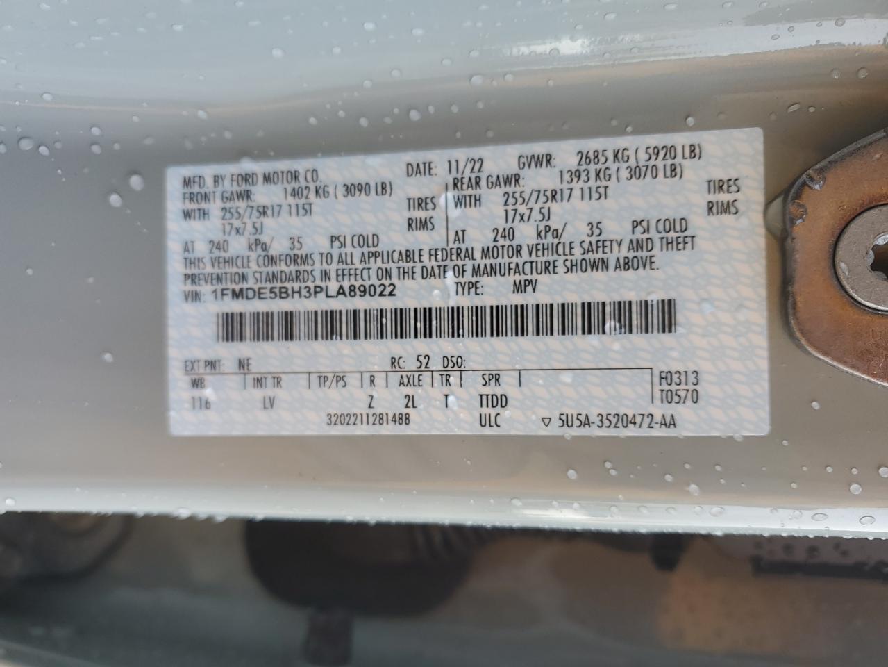 2023 FORD BRONCO BASE VIN:1FMDE5BH3PLA89022