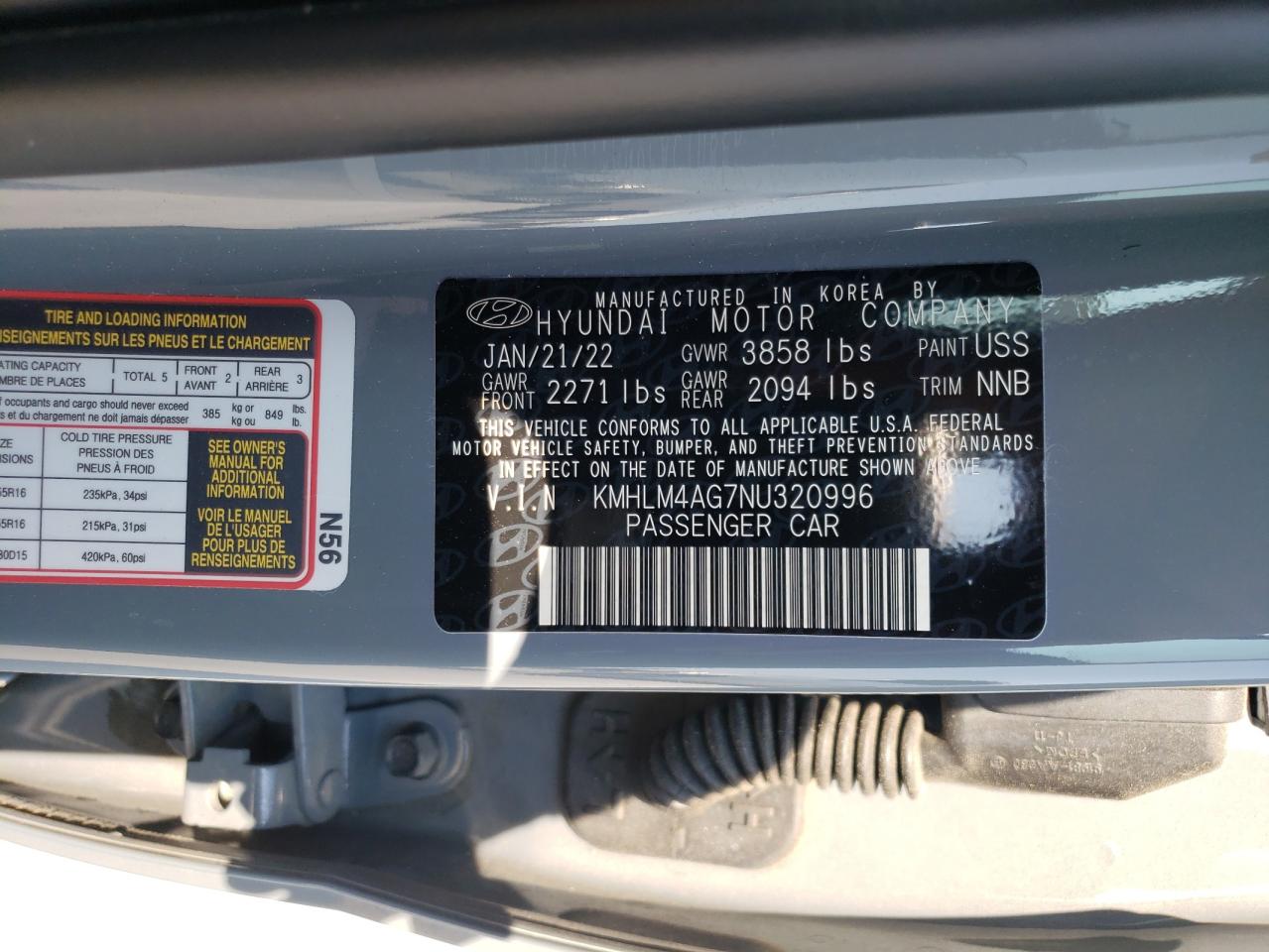2022 HYUNDAI ELANTRA SEL VIN:KMHLM4AG7NU320996