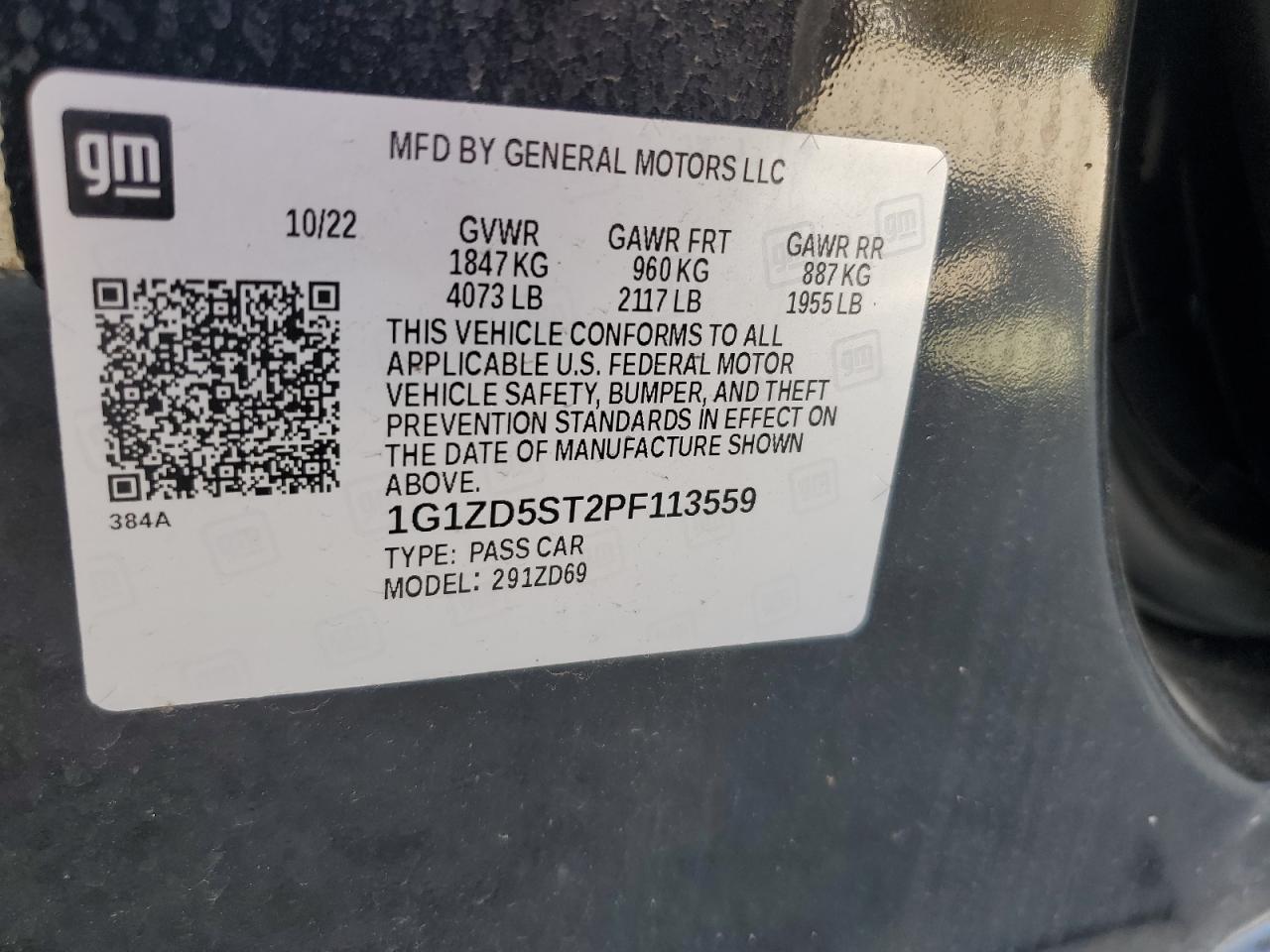 2023 CHEVROLET MALIBU LT VIN:1G1ZD5ST2PF113559