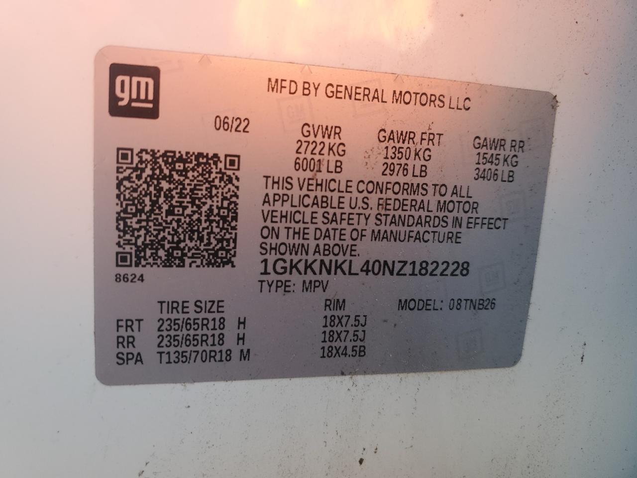 2022 GMC ACADIA SLE VIN:1GKKNKL40NZ182228