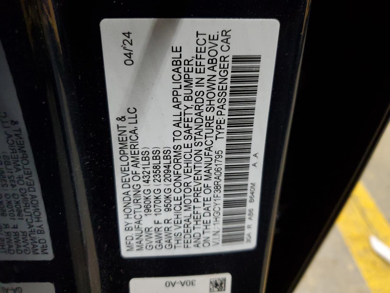 2024 HONDA ACCORD EX VIN:1HGCY1F38RA061795