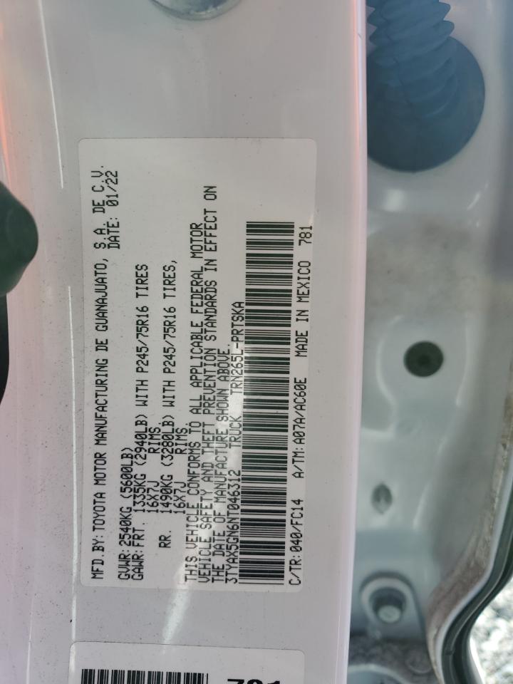 2022 TOYOTA TACOMA DOUBLE CAB VIN:3TYAX5GN6NT046312