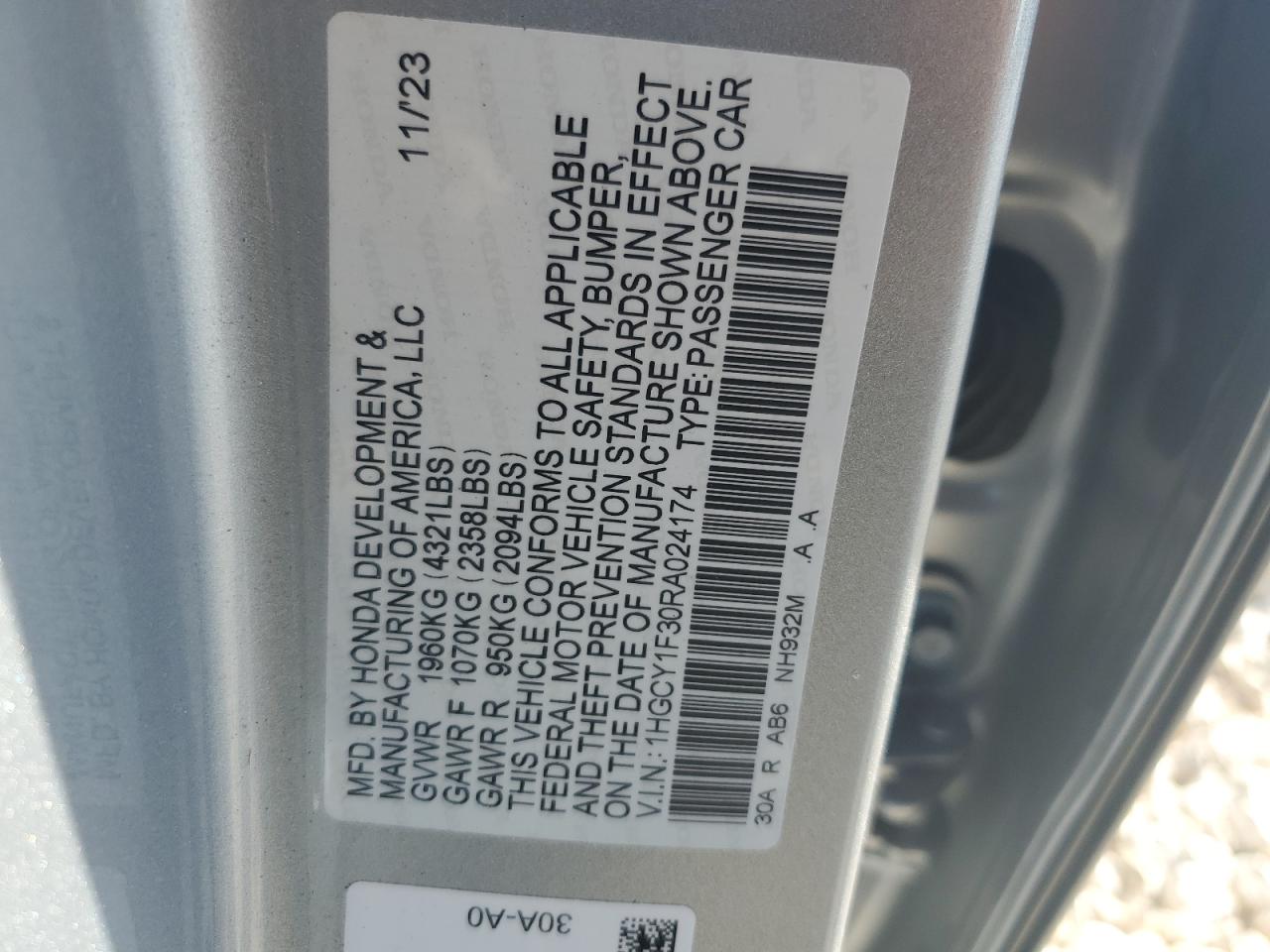 2024 HONDA ACCORD EX VIN:1HGCY1F30RA024174