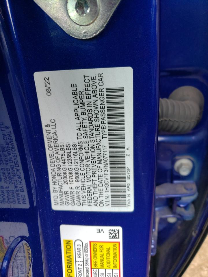 2022 HONDA ACCORD SPORT VIN:1HGCV1F37NA077117