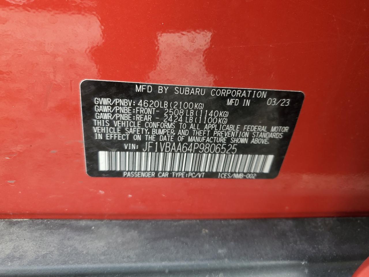 2023 SUBARU WRX VIN:JF1VBAA64P9806525