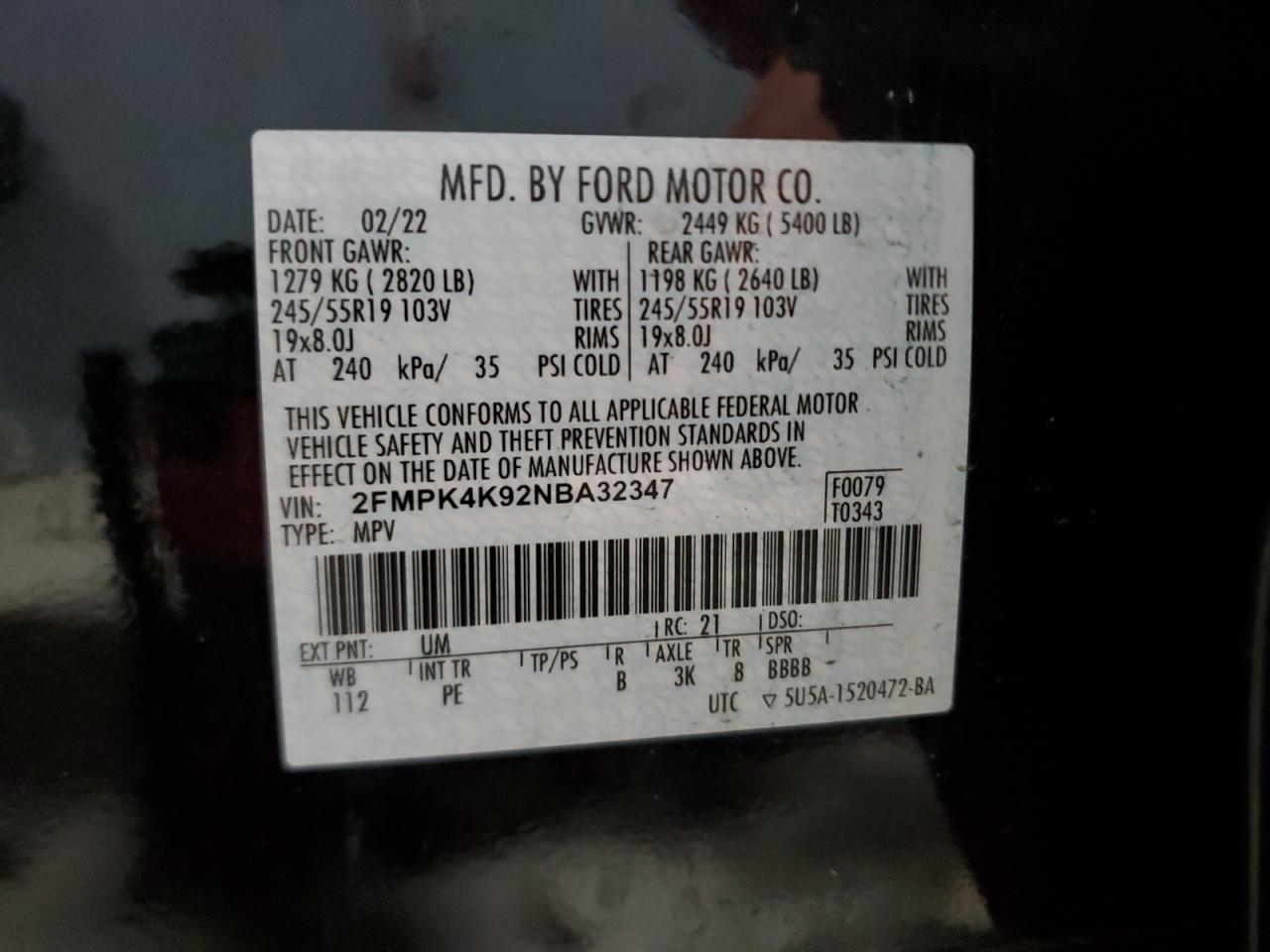 2022 FORD EDGE TITANIUM VIN:2FMPK4K92NBA32347