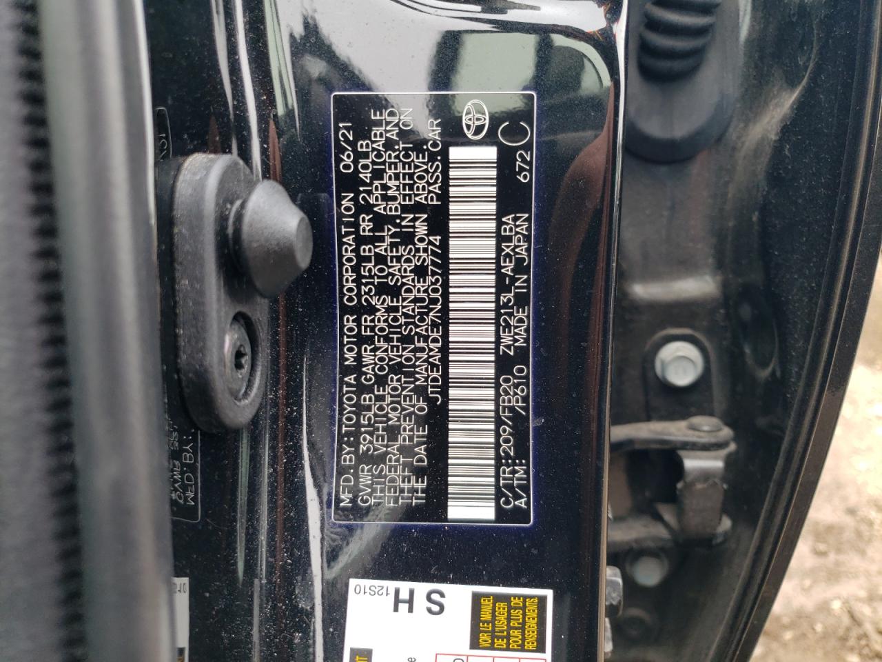 2022 TOYOTA COROLLA LE VIN:JTDEAMDE7NJ037774