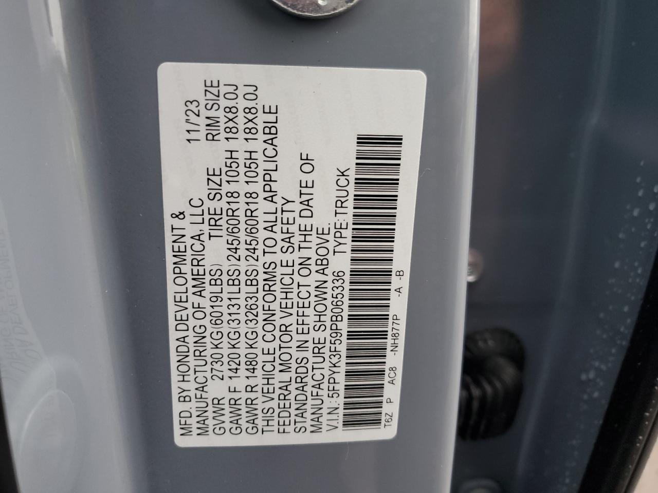 2023 HONDA RIDGELINE RTL VIN:5FPYK3F59PB065336