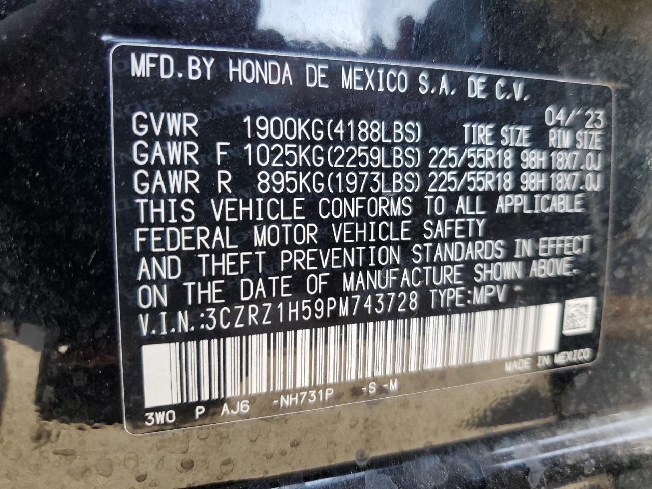 2023 HONDA HR-V SPORT VIN:3CZRZ1H59PM743728