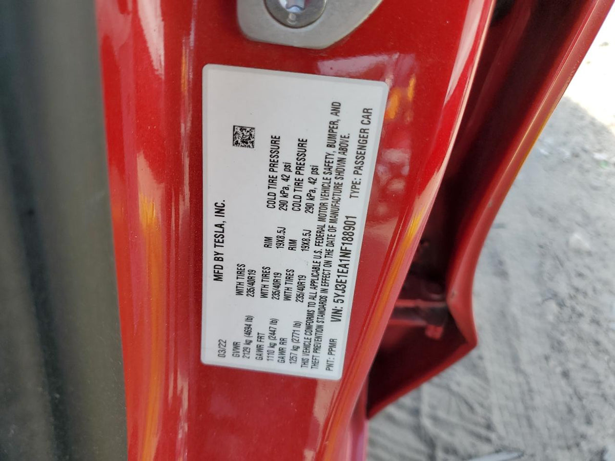 2022 TESLA MODEL 3 VIN:5YJ3E1EA1NF188901