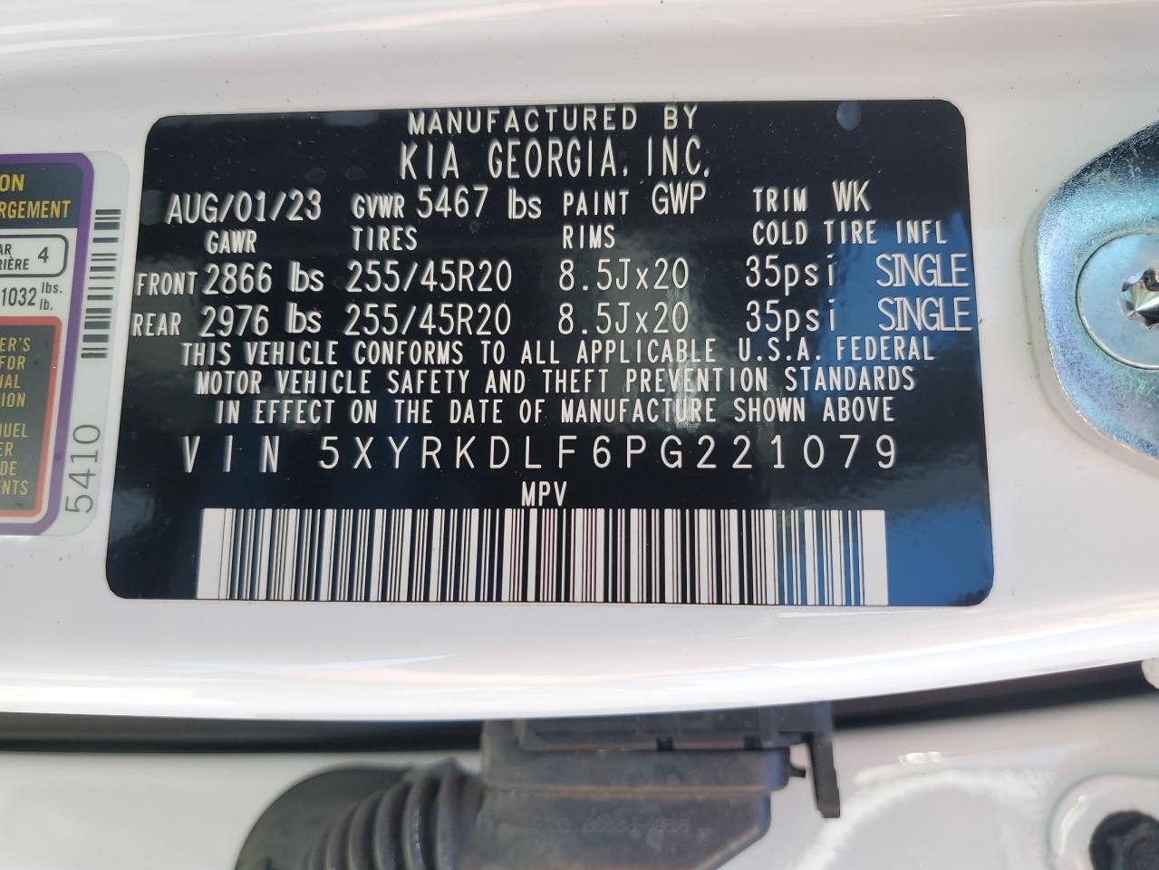 2023 KIA SORENTO SX VIN:5XYRKDLF6PG221079