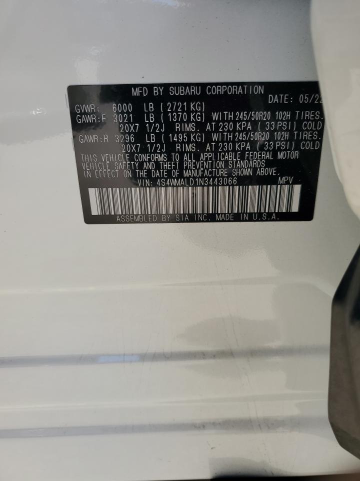 2022 SUBARU ASCENT LIMITED VIN:4S4WMALD1N3443066