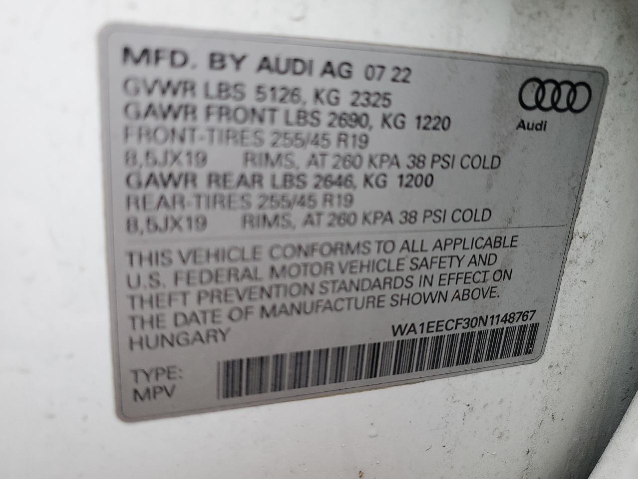 2022 AUDI Q3 PREMIUM PLUS S LINE 45 VIN:WA1EECF30N1148767