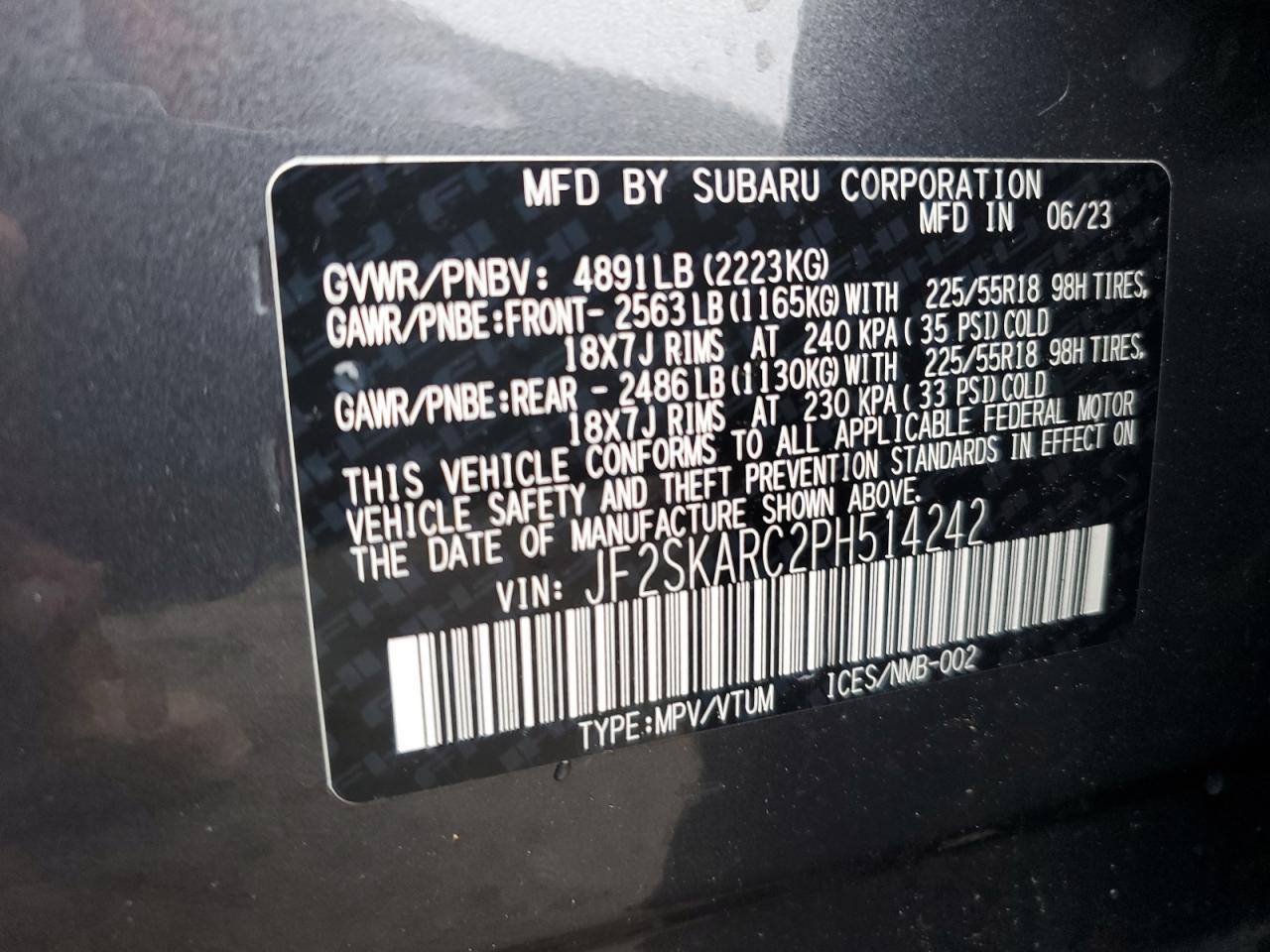 2023 SUBARU FORESTER TOURING VIN:JF2SKARC2PH514242