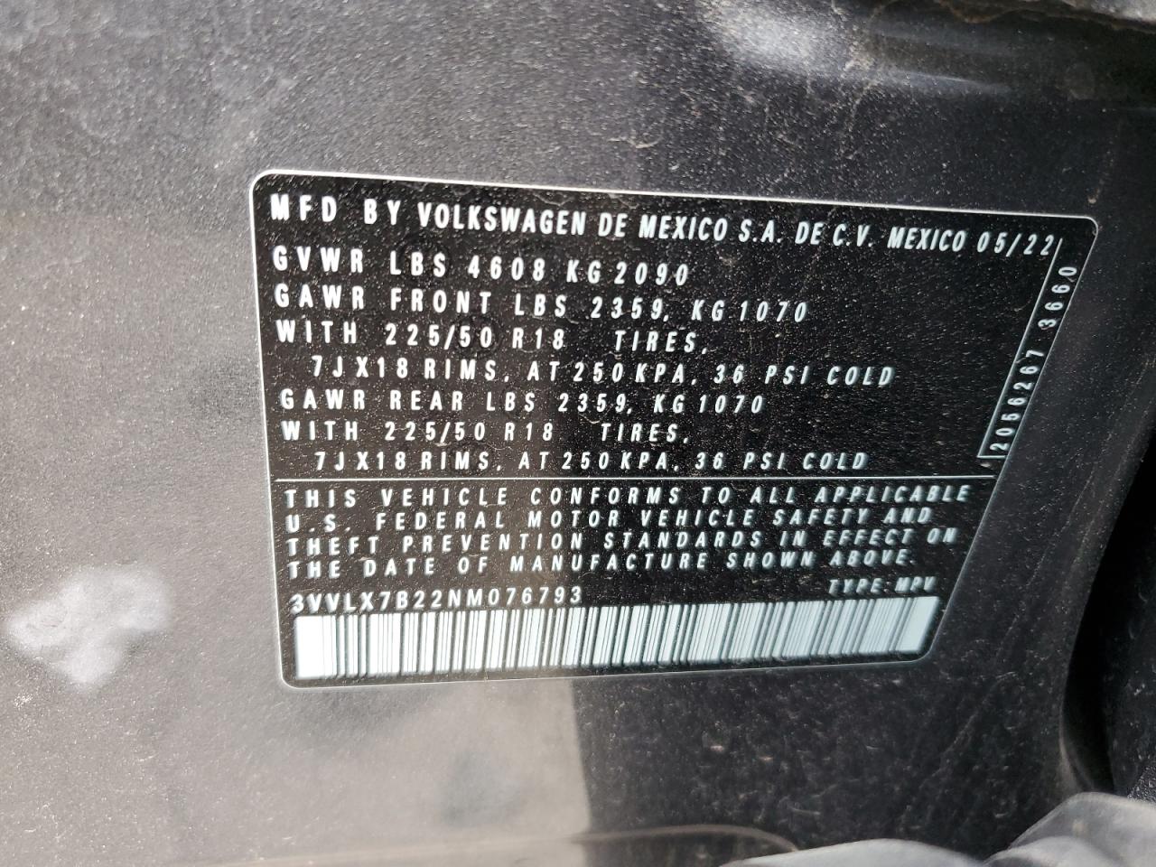 2022 VOLKSWAGEN TAOS SE IQ DRIVE VIN:3VVLX7B22NM076793