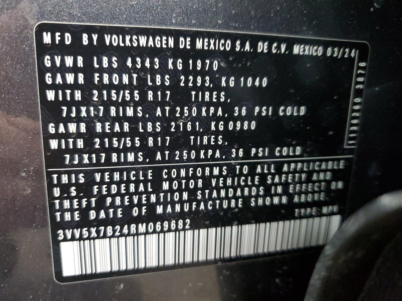 2024 VOLKSWAGEN TAOS S VIN:3VV5X7B24RM069682