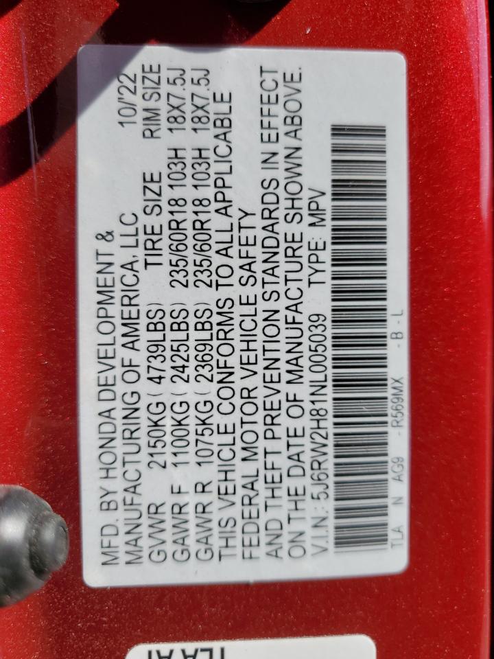 2022 HONDA CR-V EXL VIN:5J6RW2H81NL005039