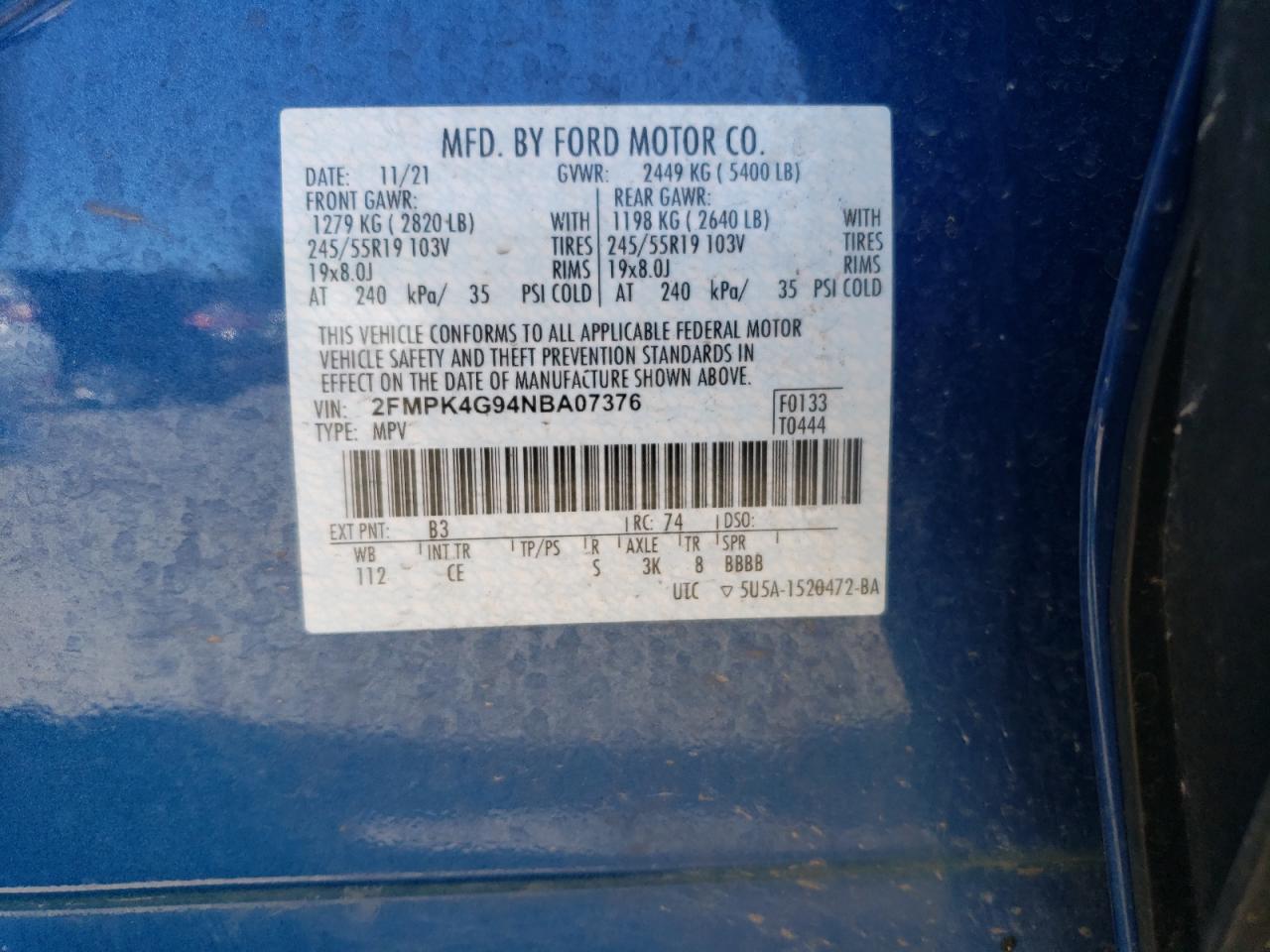 2022 FORD EDGE SE VIN:2FMPK4G94NBA07376