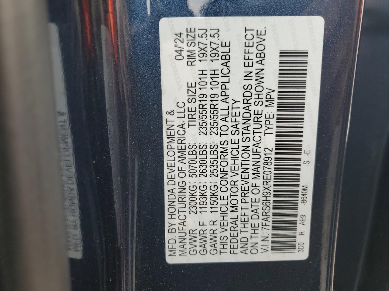 2024 HONDA CR-V SPORT TOURING VIN:7FARS6H9XRE078912