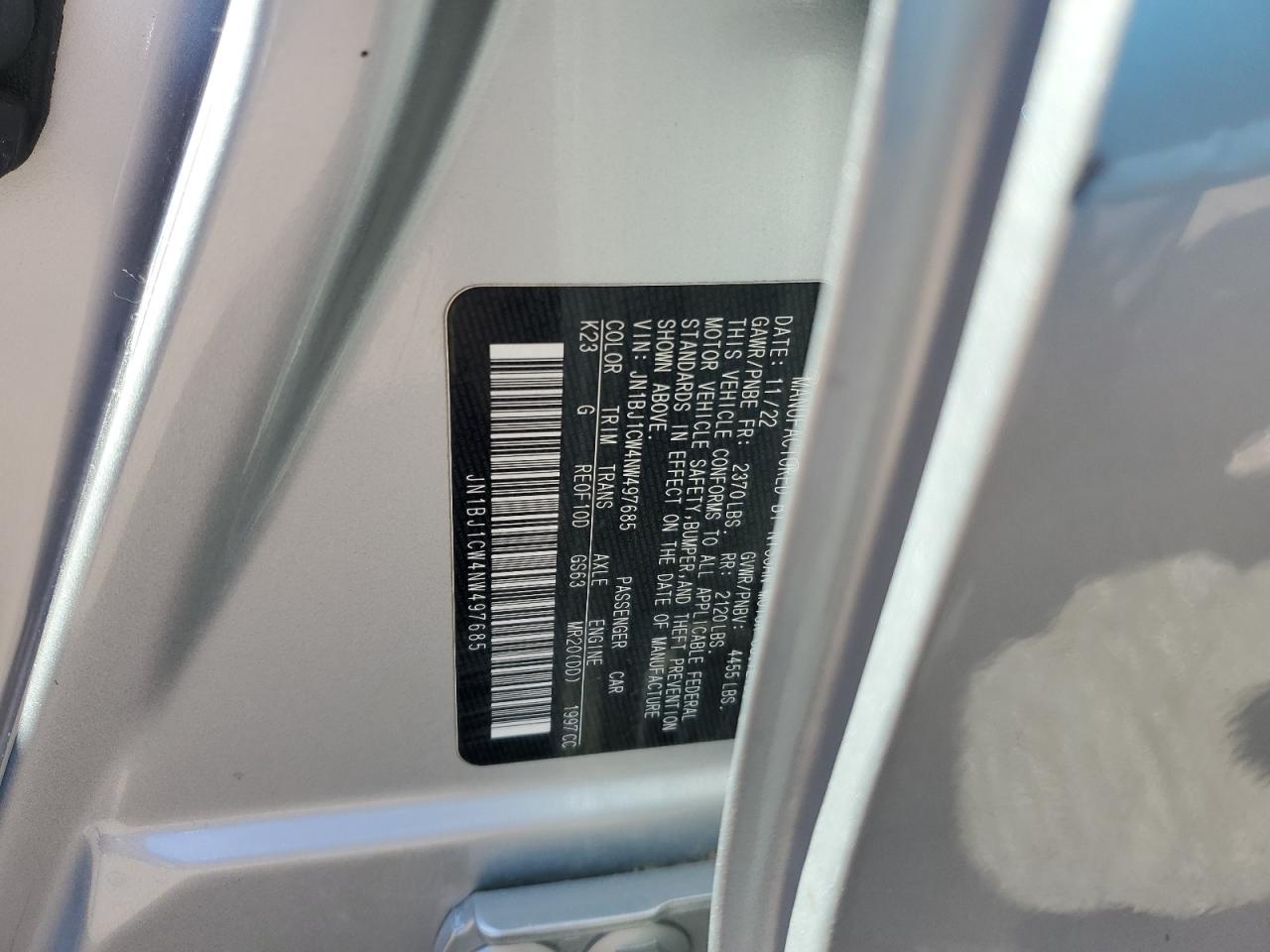2022 NISSAN ROGUE SPORT SL VIN:JN1BJ1CW4NW497685