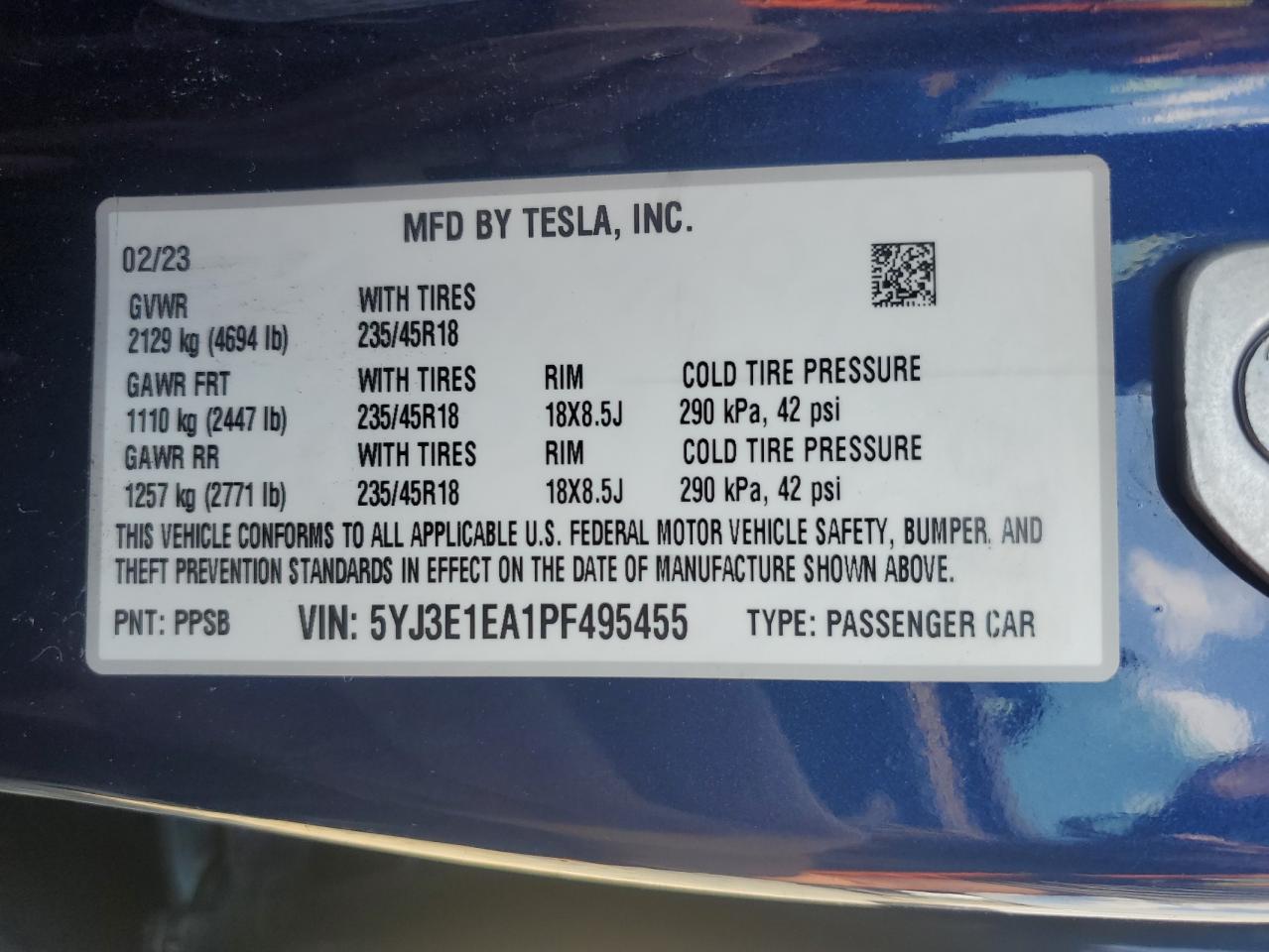 2023 TESLA MODEL 3 VIN:5YJ3E1EA1PF495455
