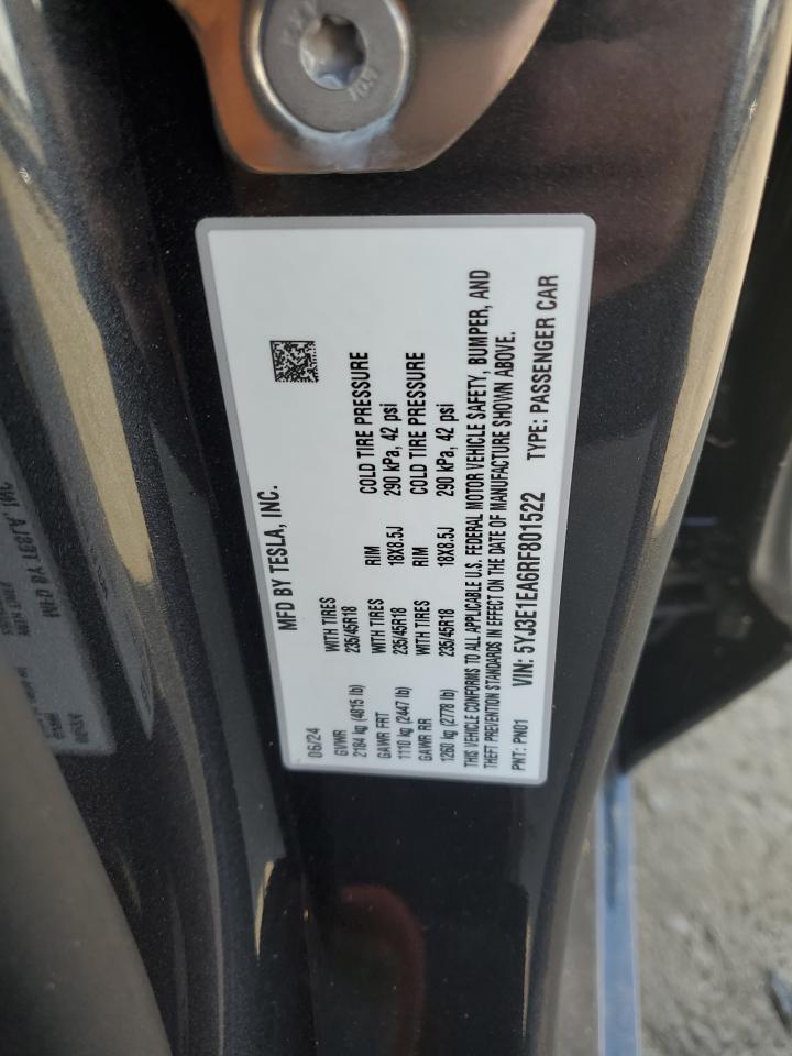 2024 TESLA MODEL 3 VIN:5YJ3E1EA6RF801522