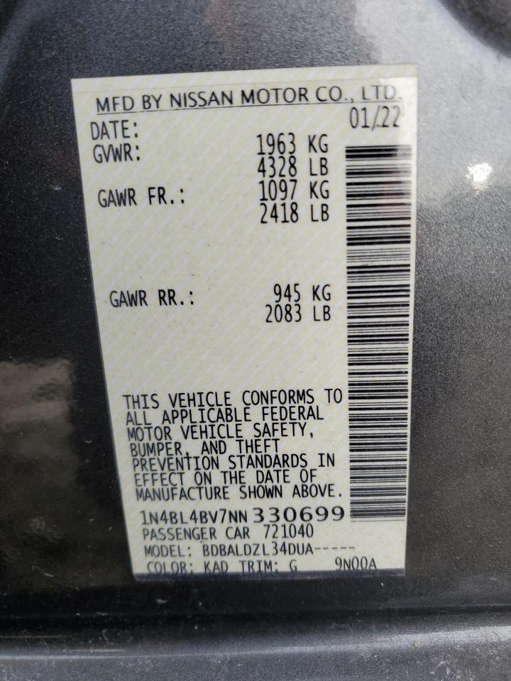 2022 NISSAN ALTIMA S VIN:1N4BL4BV7NN330699