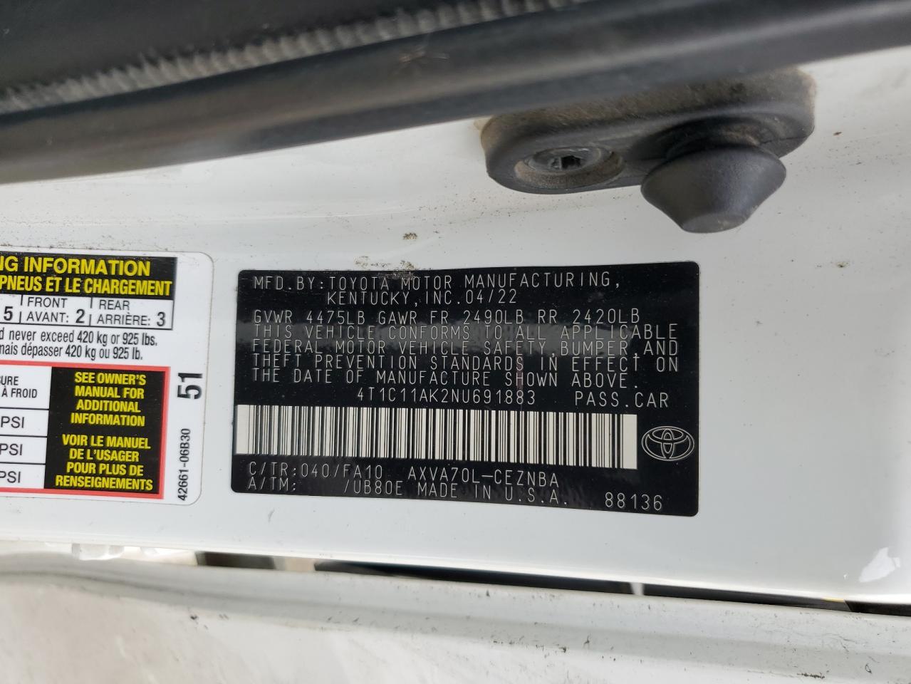 2022 TOYOTA CAMRY LE VIN:4T1C11AK2NU691883