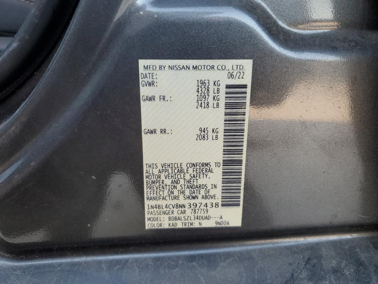 2022 NISSAN ALTIMA SR VIN:1N4BL4CV8NN397438