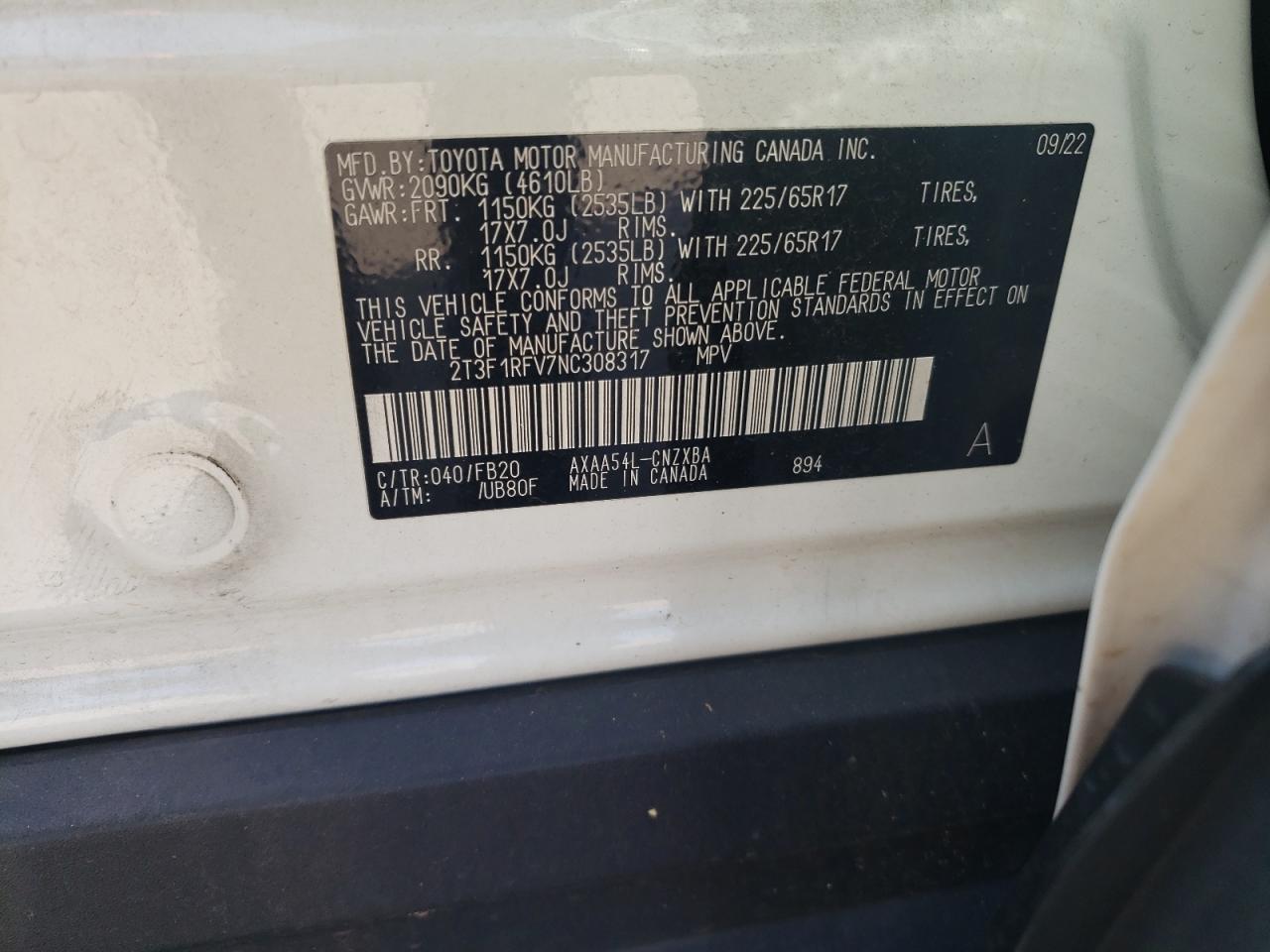 2022 TOYOTA RAV4 LE VIN:2T3F1RFV7NC308317