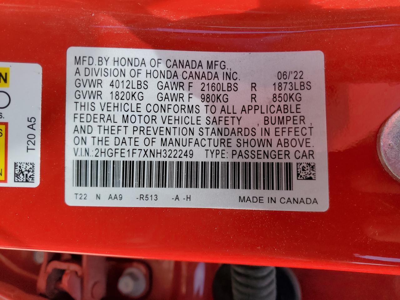 2022 HONDA CIVIC EX VIN:2HGFE1F7XNH322249