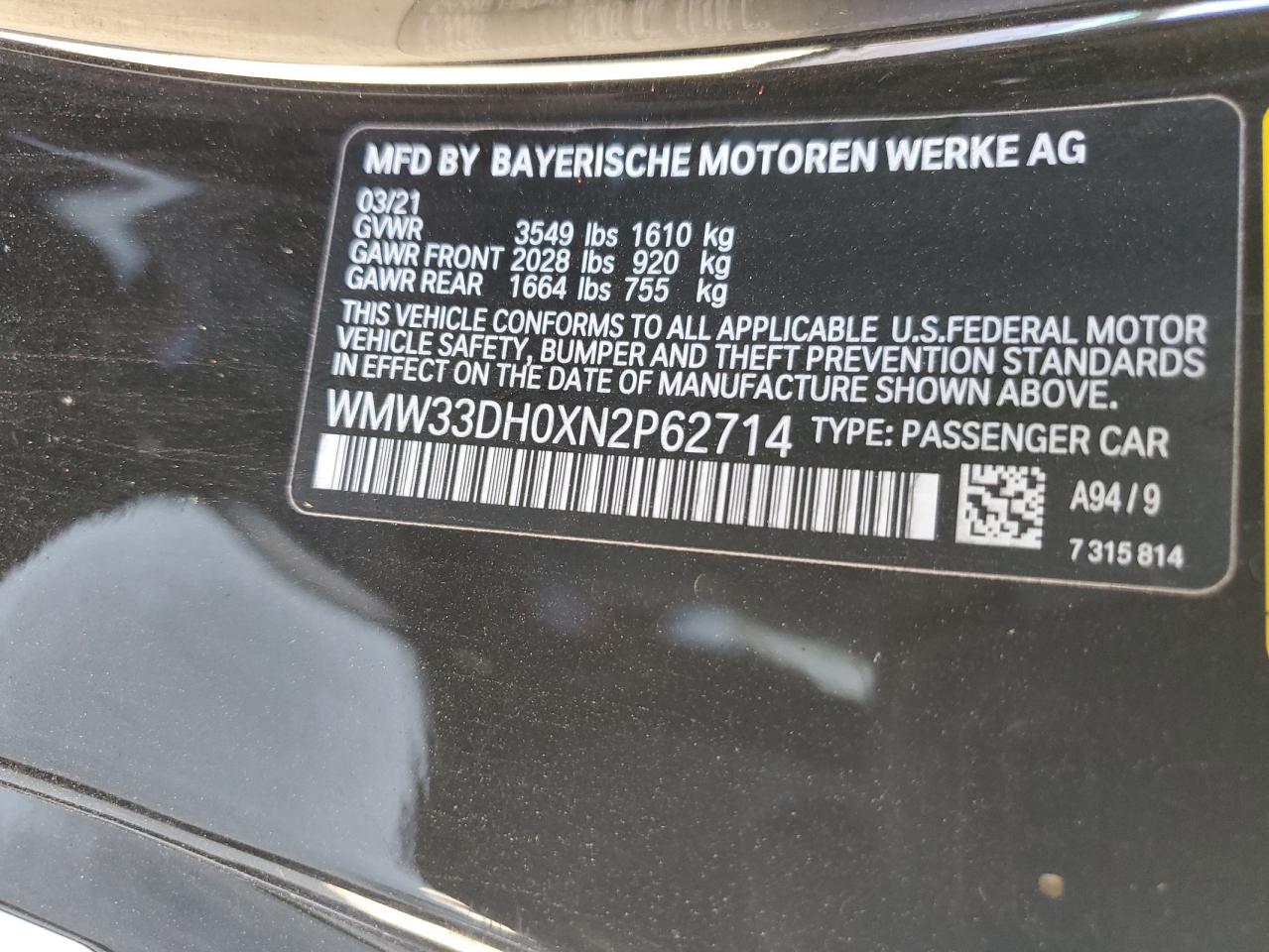 2022 MINI COOPER VIN:WMW33DH0XN2P62714