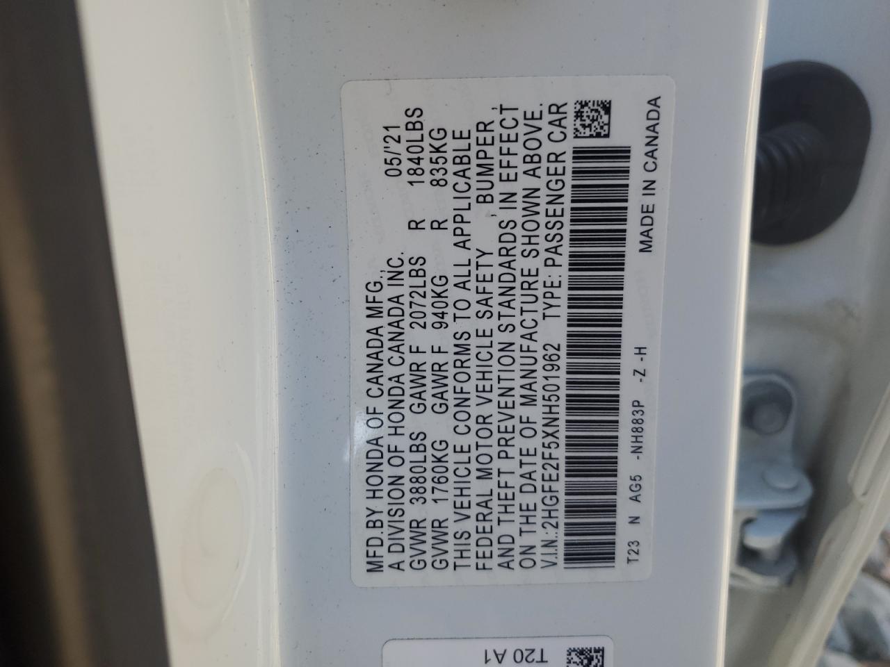 2022 HONDA CIVIC SPORT VIN:2HGFE2F5XNH501962