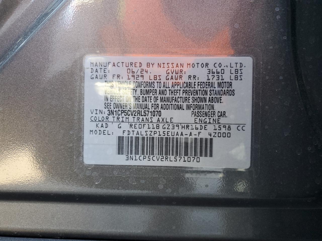 2024 NISSAN KICKS SV VIN:3N1CP5CV2RL571070