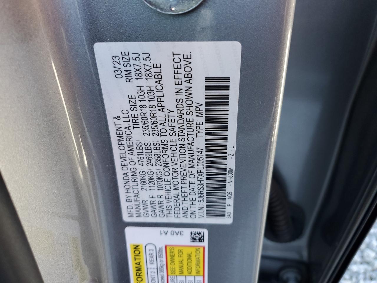 2023 HONDA CR-V EXL VIN:5J6RS3H7XPL005147