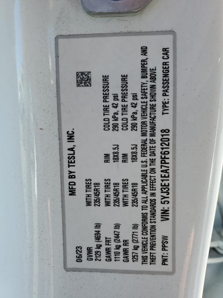 2023 TESLA MODEL 3 VIN:5YJ3E1EA7PF612018